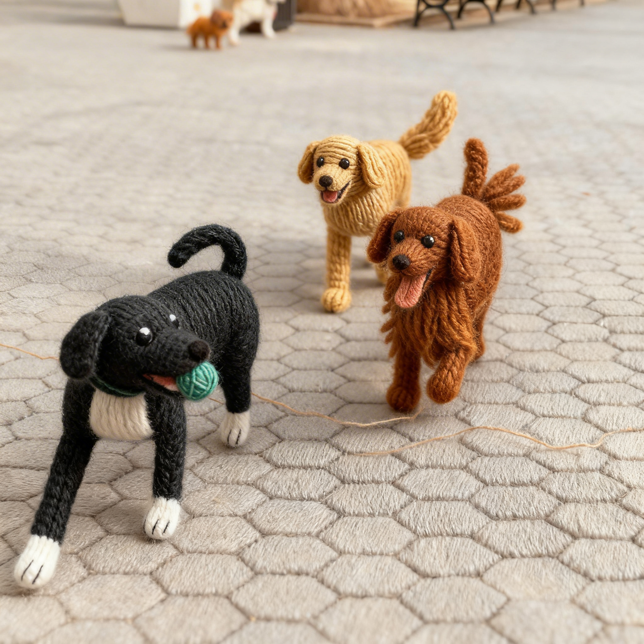 Three illustrated felted dogs playing together