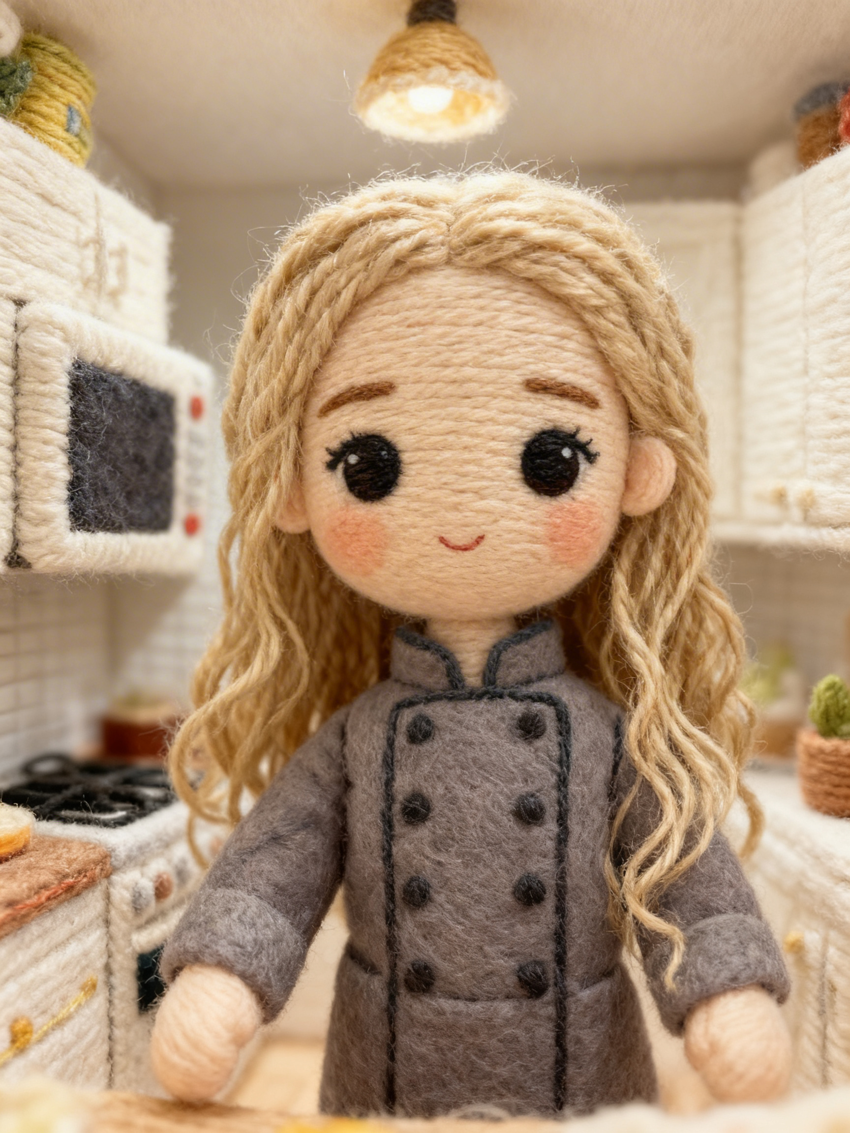 Illustrated felted-doll portrait of Chef Jennifer Mais in her kitchen