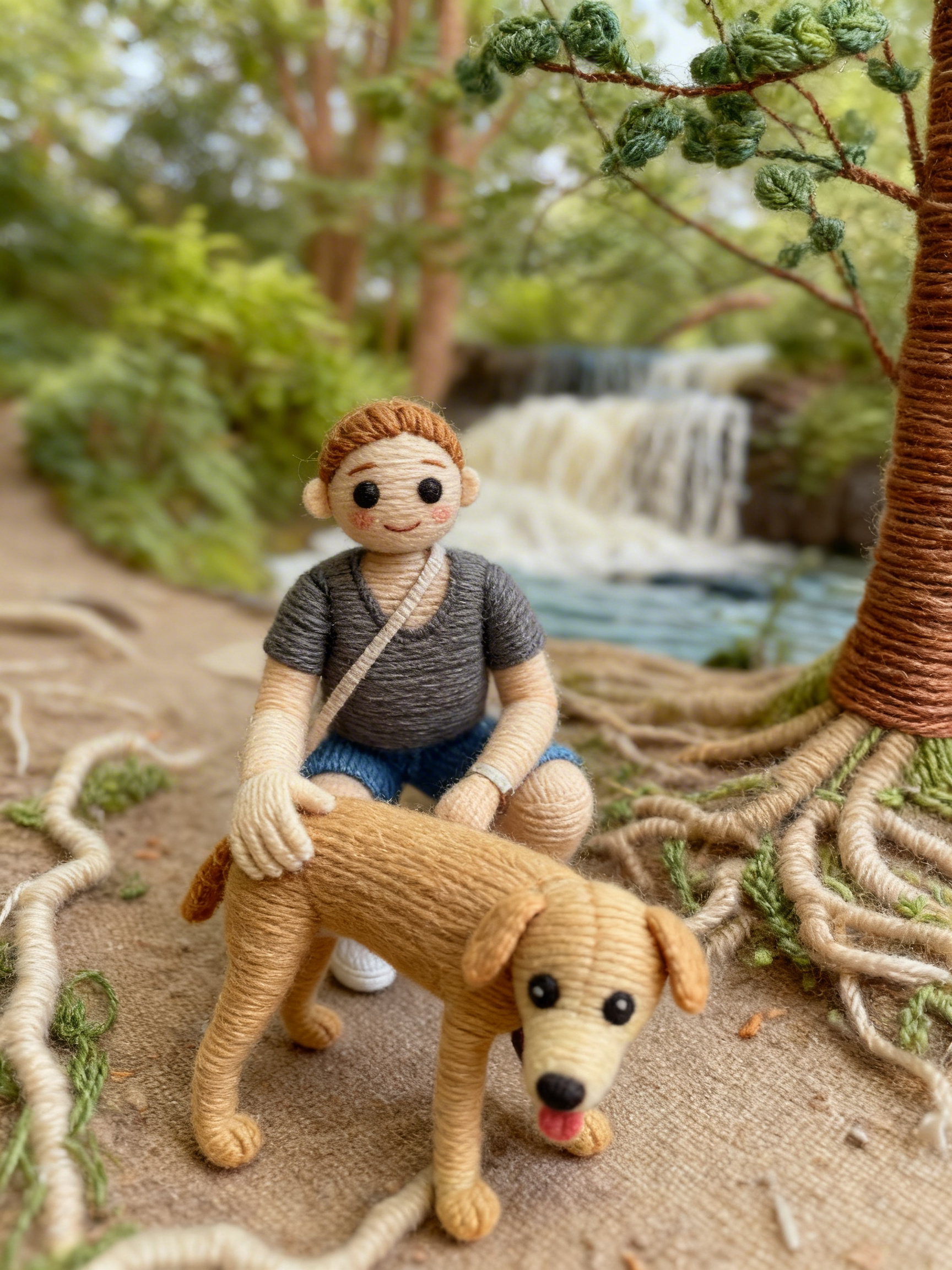 Illustrated felted-doll scene of a young man with his yellow Labrador beside a forest waterfall