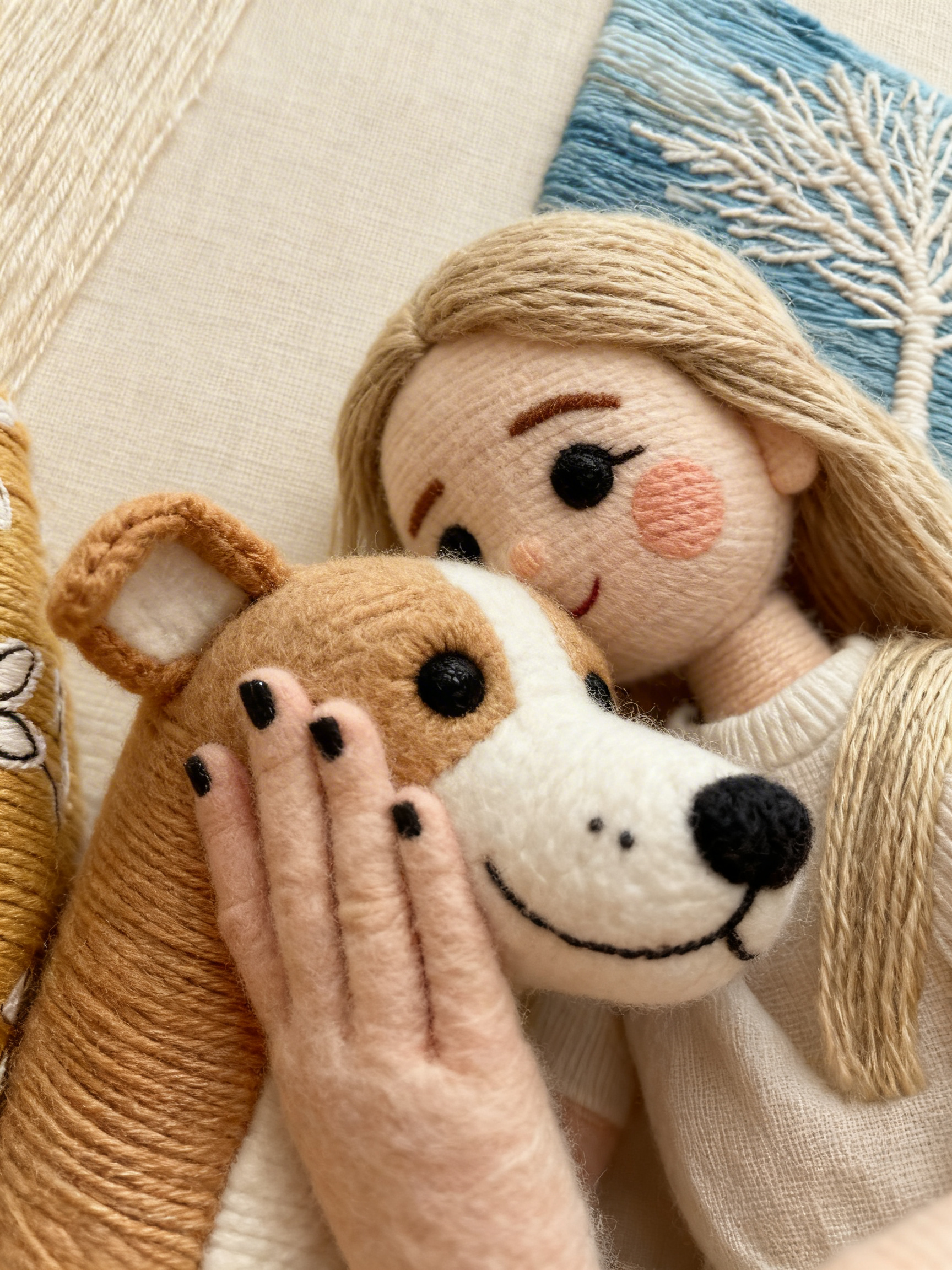 Illustrated felted-doll scene of Chef Jennifer embracing a small dog
